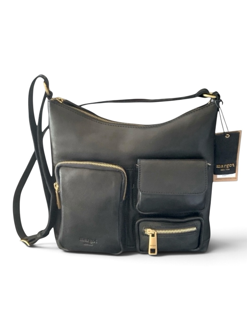 NEW Margot Black Pebble Leather Large Travelers Crossbody Strap Gold-Tone NWT